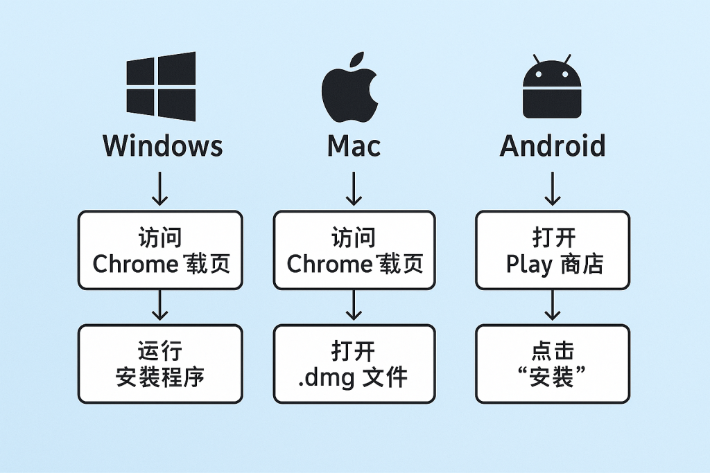 一张对比三大平台（Windows、Mac、Android）谷歌浏览器下载路径和安装步骤的流程图，帮助用户快速理解官方下载过程