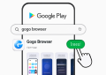 展示如何在Google Play商店搜索“gogo浏览器”并点击下载